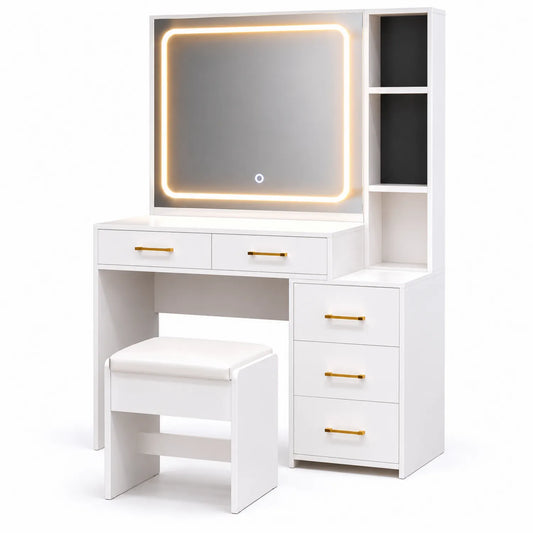 Schminktisch Set mit LED-Beleuchtung und Spiegel Weiß MDF-Holz 100x40x140cm