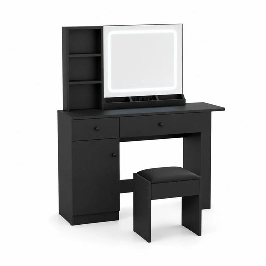 Schminktischset Schwarz mit Spiegel und LED