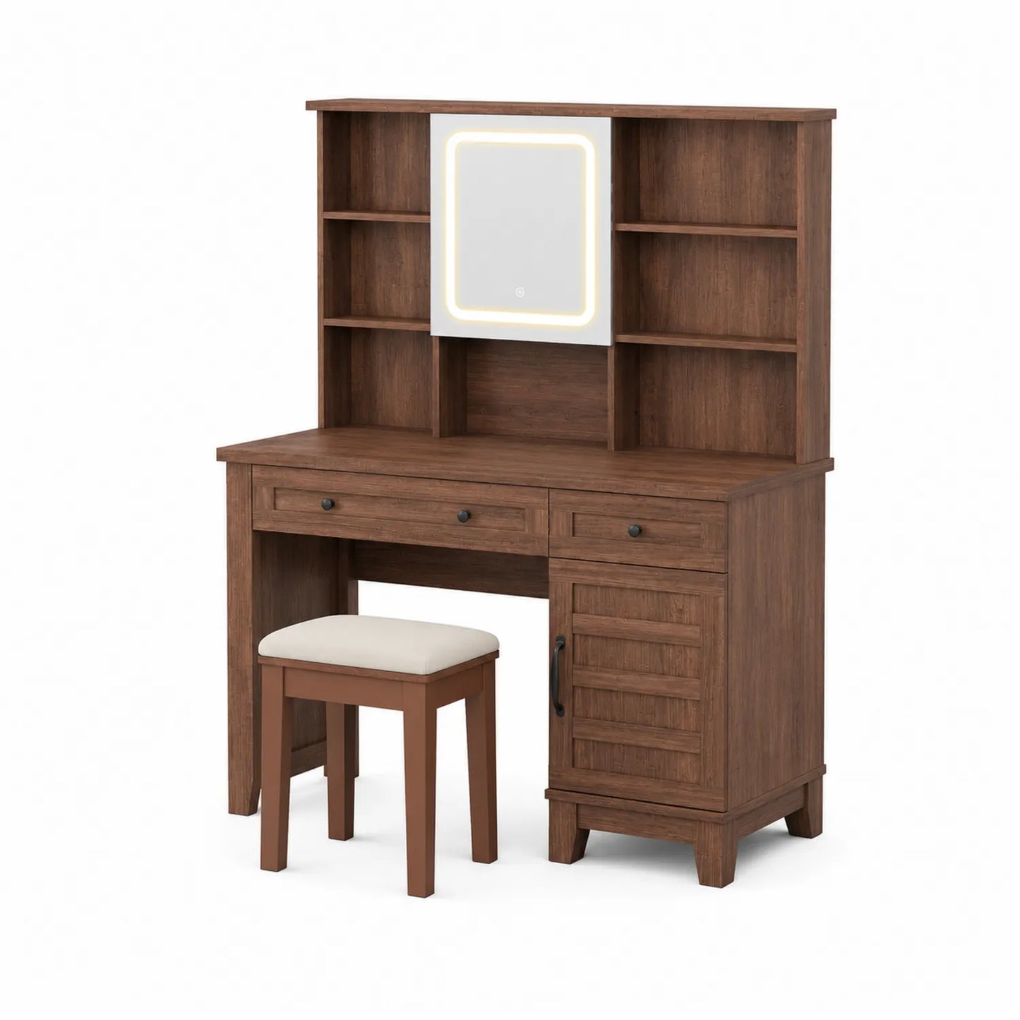 Schminktisch Set Holz Braun mit Regal, Spiegel und Hocker