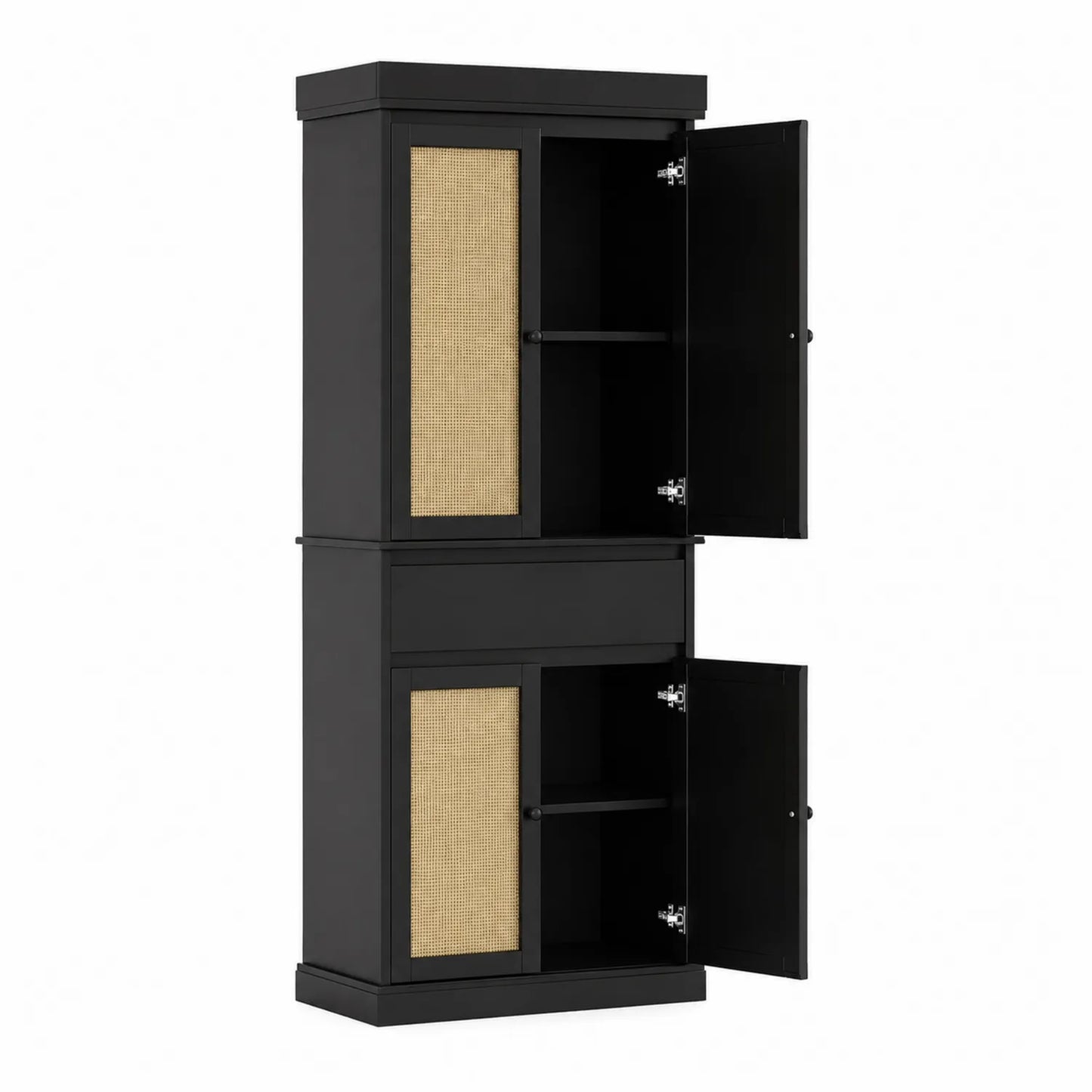Schwarzer Hochschrank mit Rattangeflecht Türen 180x60x30cm